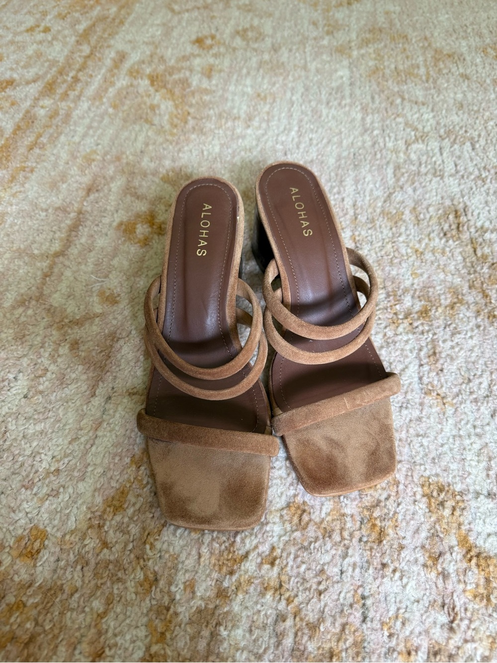 ALOHAS Tan Suede Strappy Square-Toe Block Heel Sandals